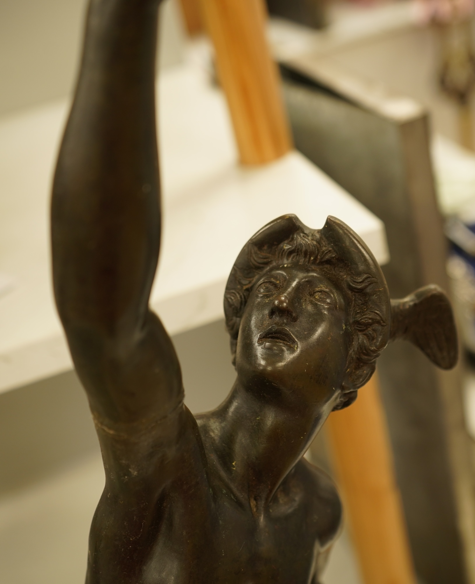 After the antique, a bronze study of Mercury raised on square base, 70cm high